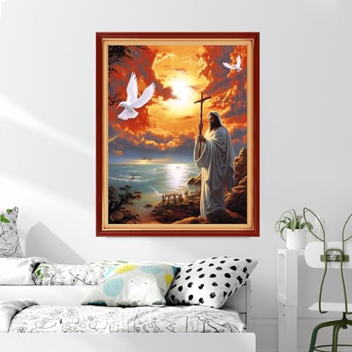 Image of Dimxvean Stamped Cross Stitch Kits,Cross Stitch Kits for Adults Beginners,Embroidery Kits Full Range of Cross Stitch Stamped Kits Needlepoint Kits Cross Stitch Patterns-Sunrise Jesus 16x20 inch