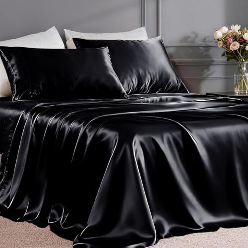 FreshCulture Satin Sheets Twin XL Bed Set - 3 Piece Luxury Soft Silky Bed Sheets Similar to Silk Sheet Set with 1 Deep Pocket Fitted Sheet 1 Flat Sheet & 1 Pillowcase (Black)