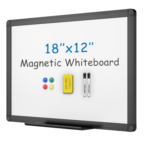 Image of VIZ-PRO Magnetic Dry Erase Board, 18 x 12 Inches, Black Aluminium Frame | Includes 1 Eraser, 2 Markers & 4 Magnets, Wall Mounted Whiteboard for School Office and Home