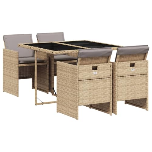 Mhdvray Ensemble de Salle à Manger de Jardin 5 Pièces en Résine Tressée, Salon de Jardin Cube avec Table en Verre Trempé et 4 Chaises Encastrables, Beige...