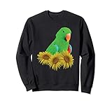 Presenta una imagen de un loro macho (verde) Eclectus posado detrás de un ramo de flores de girasol. Diseñado para los amantes de los loros y los profesionales de la veterinaria aviar.