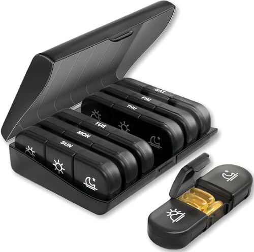 UCRAVO Weekly Pill Organizer 7 Days with AM PM Icons |Removable Daily Pill Boxes | Leak-Proof Medicine Case for Tablets, Vitamins & Supplements | BPA-Free Travel Pill Box for Adults & Seniors (Black) UCRAVO Weekly Pill Organizer 7 Days with AM PM Icons |Removable Daily Pill Boxes | Leak-Proof Medicine Case for Tablets, Vitamins & Supplements | BPA-Free Travel Pill Box for Adults & Seniors (Black)