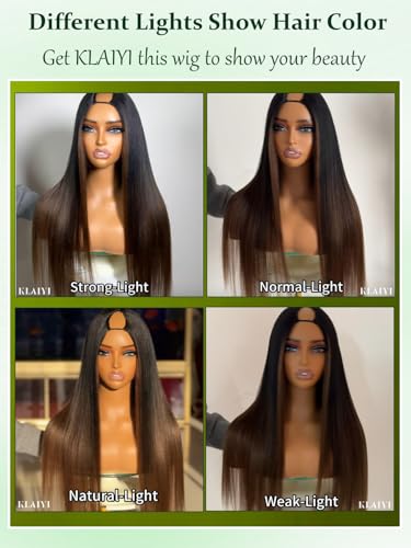 Image of KLAIYI Ombre Brown V Part Wig Yaki Straight Human Hair Upgrade U Part Wig with Dark Root Drawstring Glueless Chestnut Brown Full Head Clip in Half Wig No Leave Out Ready to Wear and Go Wig 150% 24Inch