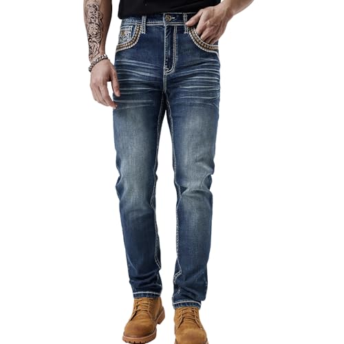 Men's Relaxed Straight Fit Jeans with Comfort Flex Classic Pants for Men Straight Leg Casual Embroidered Jeans