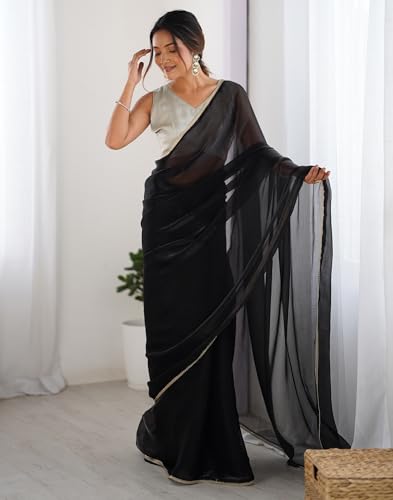 Image of SIRIL Women's Shimmer Chiffon Lace Border Saree With Unstitched Blouse Piece
