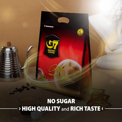 TRUNG NGUYEN G7 PURE BLACK Instant Coffee for Energy Boost - 100% Soluble Coffee Without Sugar - Strong, Pure & Rich Vietnamese Instant Energy - Original Taste for Connoiseurs (200 Sachets/Bag)