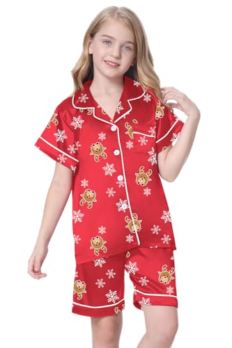 Image of Schbbbta Girls Womens Pajamas, Satin Silky Pjs Set Kids 2Pcs Button-Down Nightwear Sleepwear Gift for Mommy and me