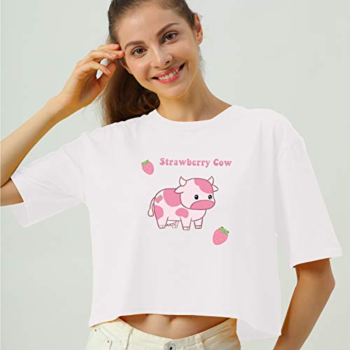 Image of KEEVICI Girls' Cute Strawberry Cow Print T Shirts Short Sleeve Crop Cotton Tops