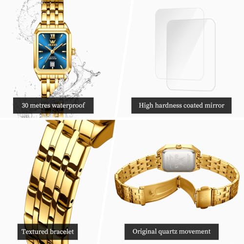 Image of OLEVS Watches for Women Gold Dress Analog Quartz Square Female Watch Stainless Steel Waterproof Calender Stylish Watch for Ladies