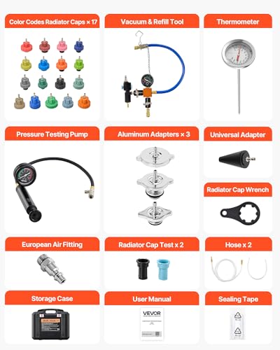 Image of VEVOR Coolant Pressure Tester Kit, 31Pcs Radiator Vacuum Refill Kit with 3 Metal Adapters, Universal Fit, Automotive Cooling System Pressure Tester Tool, with Pressures Pump & Aluminum-Plastic Filler