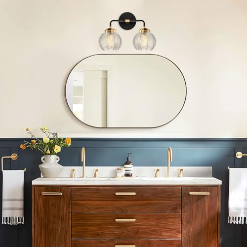 Image of 2 Light Bathroom Vanity Light Clear Glass Globe Wall Sconce Lights | Black Wall Mount Light with Ribbed Glass Shade, Mid Century Modern Style E26 Base for Over Mirror Bedroom Hallway Powder room
