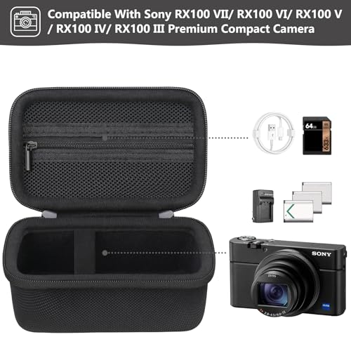 Image of Carrying Case for Sony RX100 VII / RX100 VI / RX100 V / RX100 IV / RX100 III Premium Compact Camera, Storage Holder Travel Bag with Zipper Mesh Pocket for Charging Cable, USB Card, Black