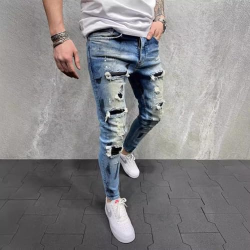 Mens Skinny Jeans Slim Fit Stretchy Ripped Destroyed Streetwear Patchwork Denim Pants2