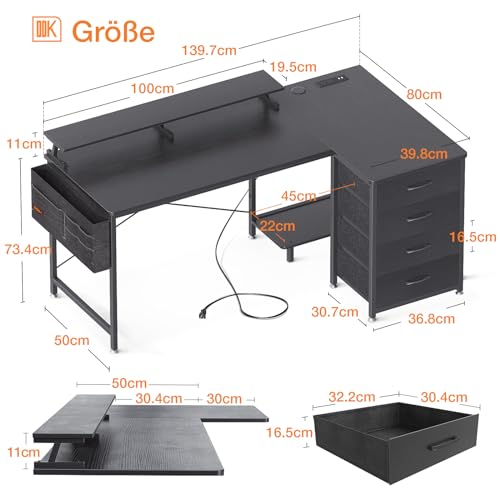 ODK Schreibtisch L Form Schwarz, Eckschreibtisch Reversibel mit 4 Schubladen, 140x80x84.7cm Ecktisch mit 2 USB-Ladeanschluss&2 Steckdose, Computertisch L Form für Homeoffice – Bild 3