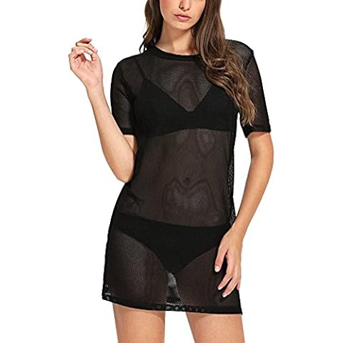 WuLun® Women's Sexy Cover Ups Short Sleeve See Through Gauze Mesh T-Shirt Dress (Medium, Black02) Cover