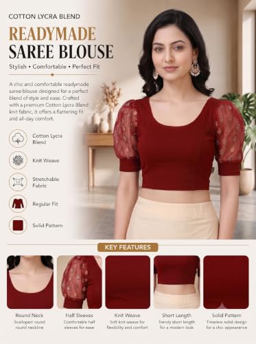 Image of SFT Women's Cotton Lycra Blend Readymade Saree Blouse with Round Neck Half Sleeves Solid Pattern Knit Weave Regular Fit and Pull On Closure