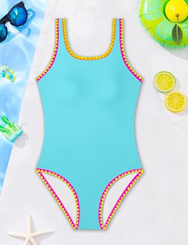 Image of Qaoerde Girls Swimsuit One Piece Swimsuits Solid Color Bathing Suit Colorful Contrast Trim Adjustable Straps Swimwear 9-16Y