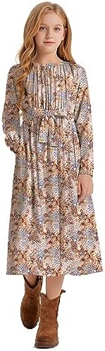 LaBeca Girls Casual Floral Printed Elastic Crew Neck High Waist Ruffle Sleeve Rayon Woven Midi Belted Dress with Pocket