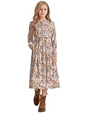 LaBeca Girls Elastic Crew Neck Ruffle Sleeve Rayon Woven Midi Belted Dress with Pocket Apricot Floral Fall 160Y