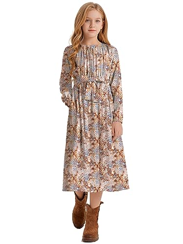 LaBeca Girls Casual Elastic Crew Neck Floral Printed Solid Color A-line Swing High Waist Midi Belted Dress with Pocket