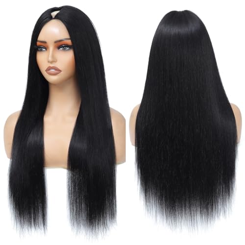 V Part Wigs Human Hair Straight Minimal/No Leave Out Upgrade U Part Wig for Black Women 200% Density V Shape Wig Clip in Half Wig No Lace No Glue No Sew Natural Black 22 Inch - Image 3