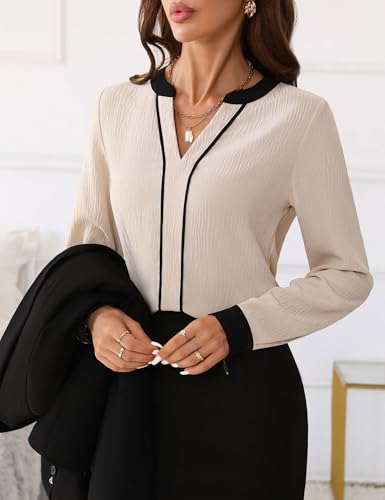 Fayenne Womens Tops Dressy Casual V Neck Color Block Business Casual Blouses Long Sleeve Work Shirts Fall Trendy Clothes3
