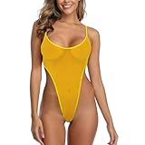 SHERRYLO Durchsichtiger einteiliger Badeanzug, hoch geschnitten, Micro-Monokini, Mini-Mesh, transparenter Badeanzug, 1893, Orange, S