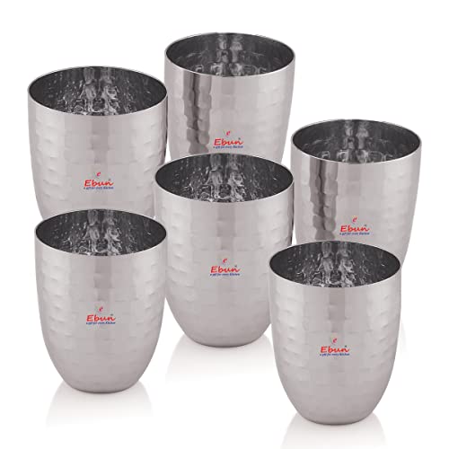Image of Ebun Stainless Steel Hand Hammered Design Heavy Gauge Drinking Glass | Tumbler with Hammered Beaded Design, for Drinking Serving Water Set 6 Pieces 300 Ml