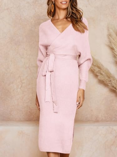 Image of Chang Yun Women's Long Maxi Sweater Dresses Sexy Wrap Batwing V Neck Slit Open Back Holiday Bodycon Dress with Belt