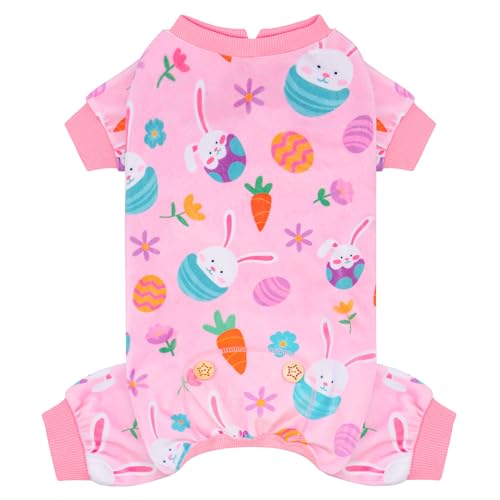 KYEESE Easter Dog Pajamas, Soft Dog Pajamas for Small Dogs Girl, Stretchy Dogs Pjs Velvet Pet Jumpsuit with Eggs & Bunny Pattern, Comfy Lightweight Pet Outfit, Pink, L