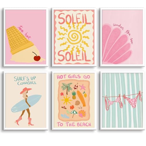 6Pcs Coastal Surfing Preppy Wall art Beach Granddaughter Aesthetic Room Painting Picture Wall Decor Beach Girl Bikini Shell Poster Prints Artwork for Girls Room Dorm Home Decoration 8x10 in unframed