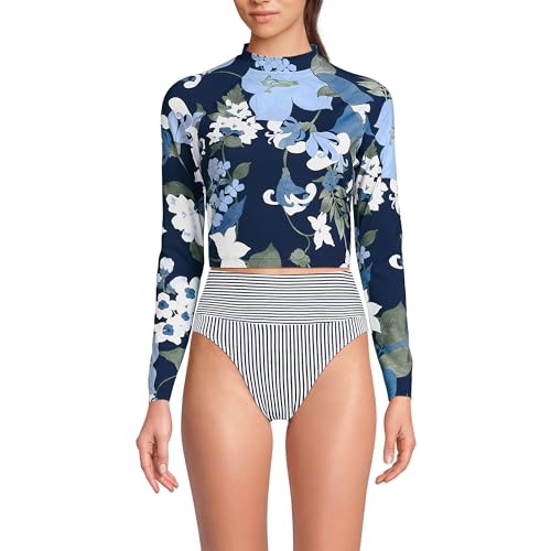 Lands' End Women's Long Sleeve Mock Neck Cropped UPF 50 Sun Protection Rash Guard X-Large Deep Sea Navy Lilies