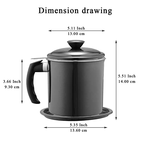 Kyraton Black Bacon Grease Container with Strainer, 1.4L Black Coating Stainless Steel Oil Container - Image 2