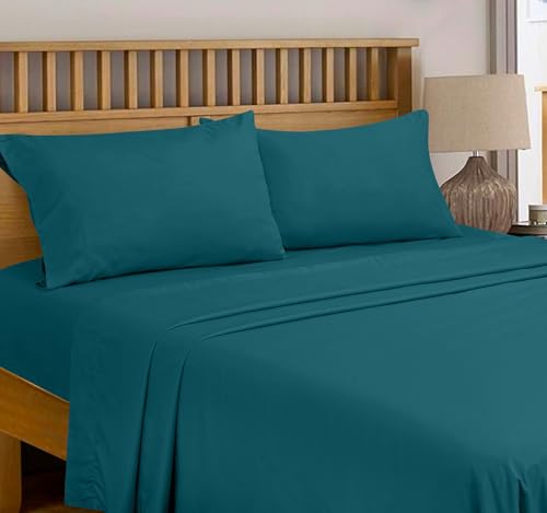 Image of Royale Linens 300 Thread Count 100% Long Staple Combed Cotton Flat Sheet - Super Soft - Top Sheets - Full Flat Sheet Sold Separately - Breathable, Cool & Crisp Percale Sheets Only (Full, Teal)