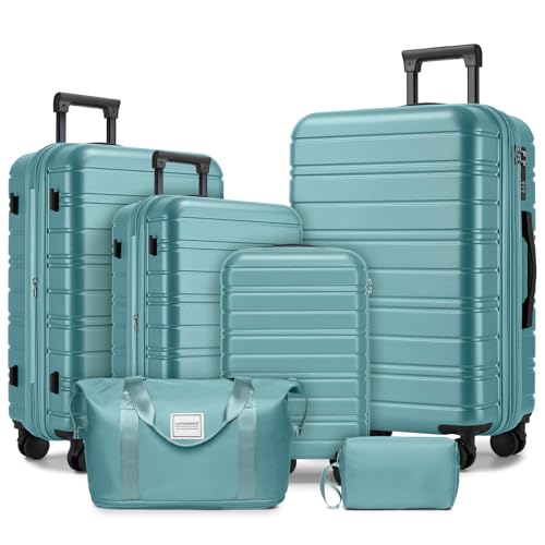 Image of LARVENDER Luggage Sets 6 Piece, Expandable Suitcases with Wheels | Suitcase Set for Women and Men|Checked Luggage|Carry On Luggage|Hardside Lightweight|Misty Blue