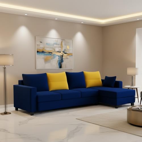 Image of CASASTYLE Texon 5 Seater Fabric RHS L Shape Sofa Set (Yellow-Dark Blue) Velvet Finish | Comfortable Sectional Sofa Set