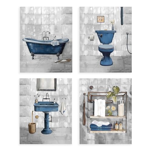 Dazzlewall 4Pcs Decoración de Arte de Pared de Baño Azul Rústico, Impresión de Arte de Baño Retro Decoración Vintage para Bañera de Inodoro Minimalista, 20x25 cm Sin Marco