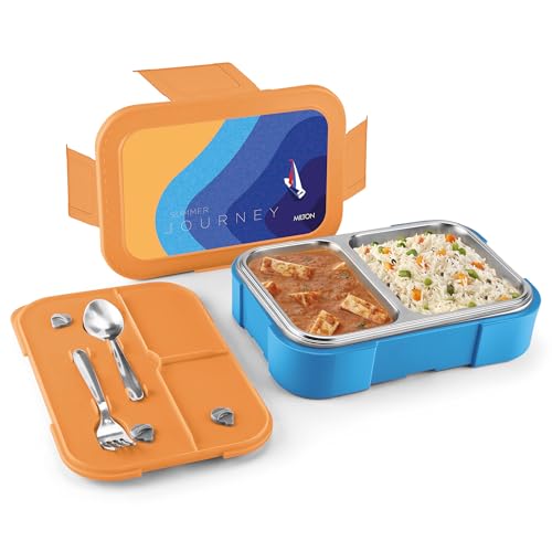 Image of Milton Bravo 2 Inner Stainless Steel Tiffin Box for School, 2 Partition, Steam Release Plug | PU Insulated, Leak-Proof, Food Grade I Lunch Box for Kids Boys, Girls with Snap Lock Lid, 650 ml,Dark Blue