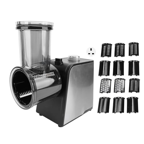 Electric Cheese Grater, 400W 7 in 1 Vegetable Slicer Stainless Steel Food Vegetable Shredder Potato Slicer with 7 Interchangeable Blades for Cucumber Carrot Potato Garlic (UK Plug)