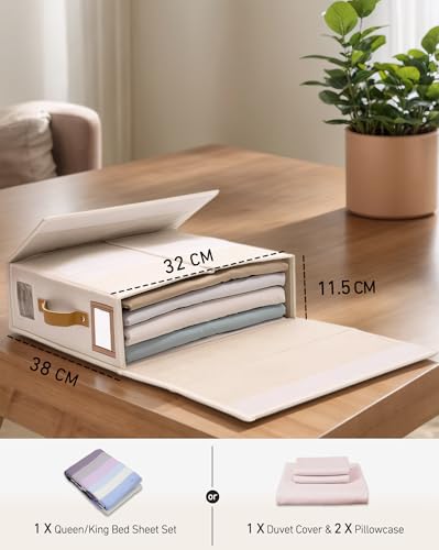 Bubooo3 Linen Bed Sheet Organiser Box, 3 Faltbarer bettwäsche aufbewahrungbox mit Transparentem Fenster & Etikett, bettkasten aufbewahrungstasche für Bettwasche, Decken & Kleidung, Linen Beige