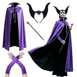 Halloween Evil Queen Costume Women, Wicked Villain Outfit Cape Horns Staff Wand Gloves Purple Black Cosplay Dark Fantasy Dress Up