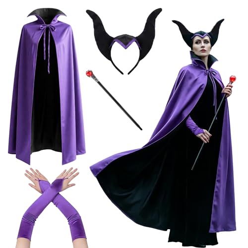 Halloween Evil Queen Costume Women Wicked Villain Outfit Cape Horns Staff Wand Gloves Purple Black Cosplay Dark Fantasy Dress Up