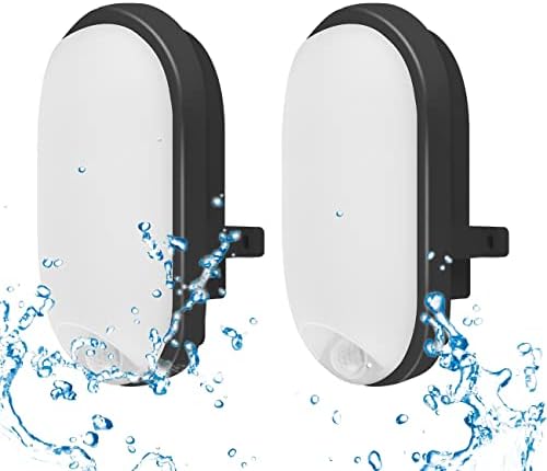 ANWIO 12W Outdoor Oval Black PIR Sensor Bulkhead Light,IP54 PIR Porch Flush Wall Mounted Ceiling Light,Time /Distance Sensor Bulkhead Light ,900LM,4000K White Led Ceiling Lamp with Pir Sensor(2 Pack)
