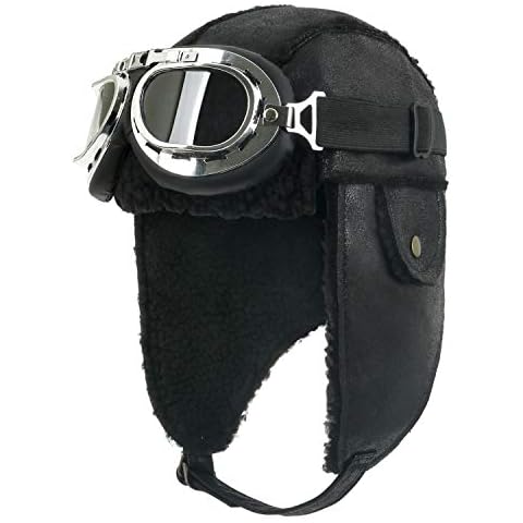 ililily Pilot Hat Winter Snowboard Fur Ear Flaps Trooper Trapper with Goggles, Black Cover