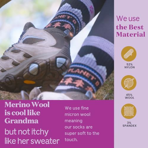 Image of ToughCutie No Planet B Merino Wool Socks for Women, Ladies Hiking Crew Socks, Warm Moisture Wicking Soft Cushion Boot Sock