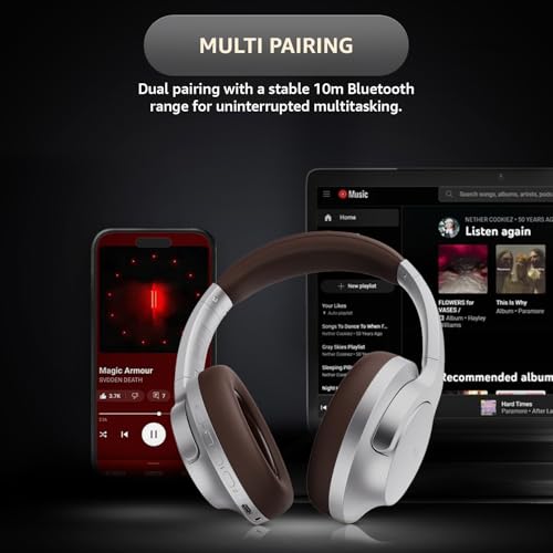 Image of Amazon Basics Pro Series Wireless Noise Cancelling ANC Over Ear Headphone | Bluetooth Headset | USB Charging | 10 m Paring Distance | 74 Hours Battery Life | 40 mm Drivers | IPX4 Rated (Silver)