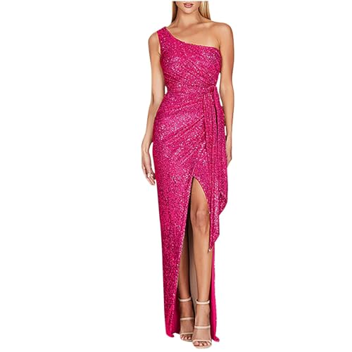 Abendkleider Damen Lang Pailletten Kleider Festlich Elegant Hochzeit Cocktailkleid Glitzer Curvy mit Schlitz Ballkleider Frauen Lange One Shoulder...
