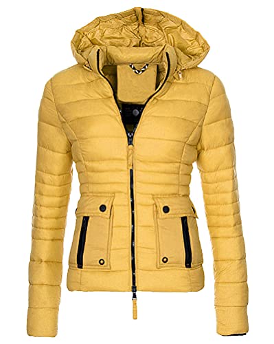 Tomwell Hiver Manteau avec Capuche Fourrure Doudoune Femme Zippé Longue Duvet de Coton Grande Taille Doudoune Jaune L