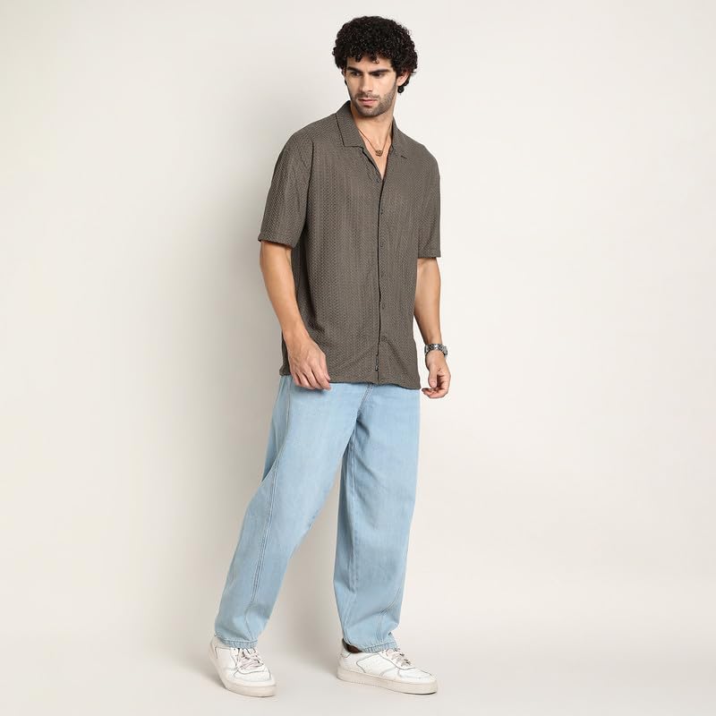 Image of CAHOOT Men's Oversized Shirt for Casual Wear | Cuban Collar | Short Regular Sleeves | Button Closure | Oversized Shirt Crafted with Comfort Fit for Everyday Wear