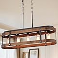 Rustic Farmhouse Wood Kitchen Island Lighting, 5 Lights Rectangular Pendant Light Fixture, Adjustable Rods Oak Wood and Metal Linear Chandelier for Kitchen Island Farmhouse Dining Room, Black